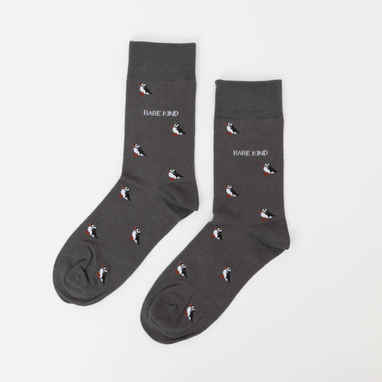 Bare Kind Adult Bamboo Socks - Grey Small Motif Puffin - Adult 7-11