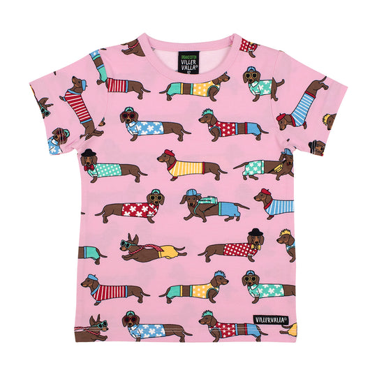 Villervalla T-Shirt Short Sleeve Dachshund Sausage Dog - Raspberry