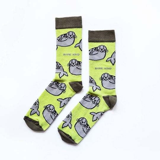 Bare Kind Seal Socks | Bamboo Socks | Summery Green Socks: Seals / Single Pair / UK Adult 4-7