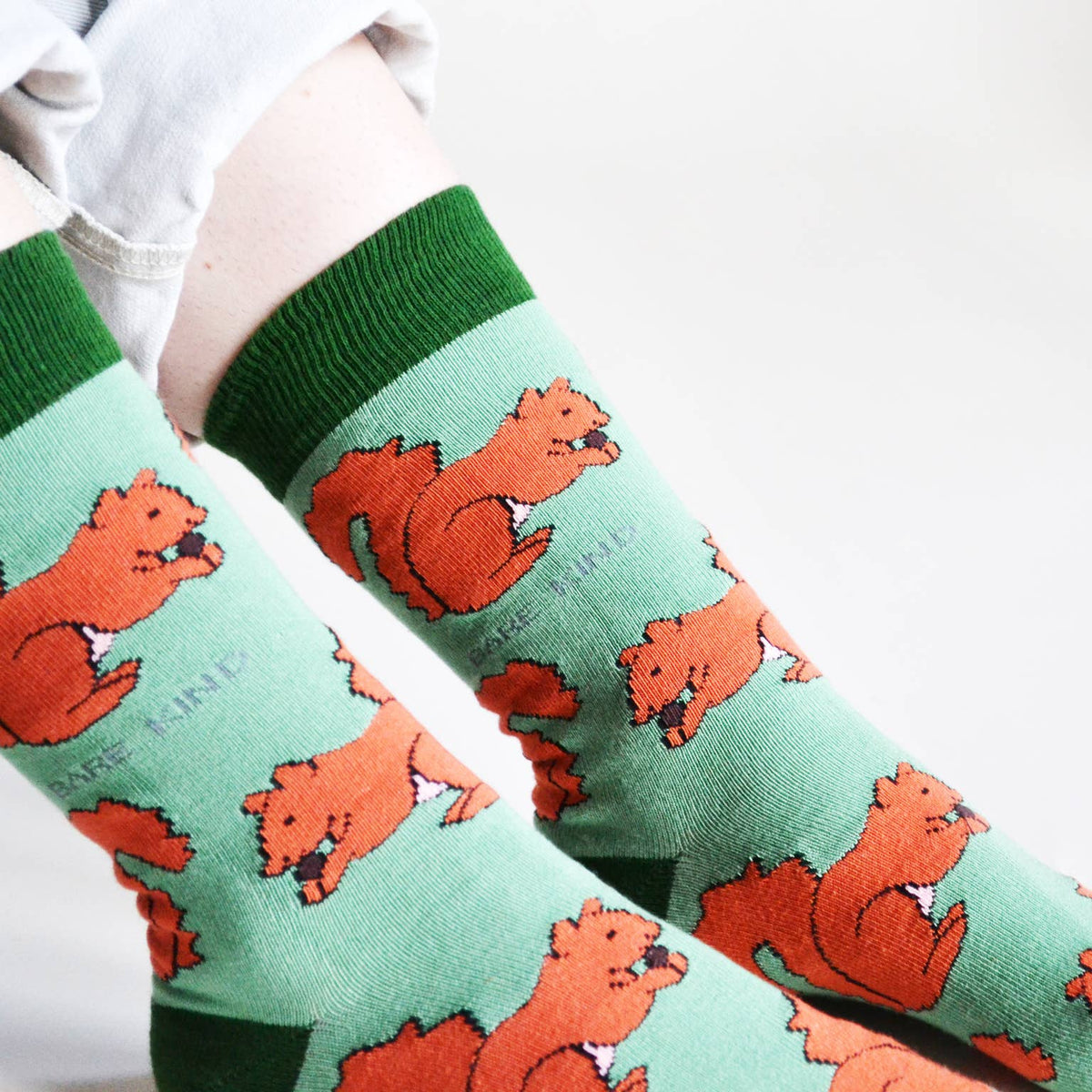 Bare Kind Adult Bamboo Socks - Light Green & Red Squirrel - Adult 7-11