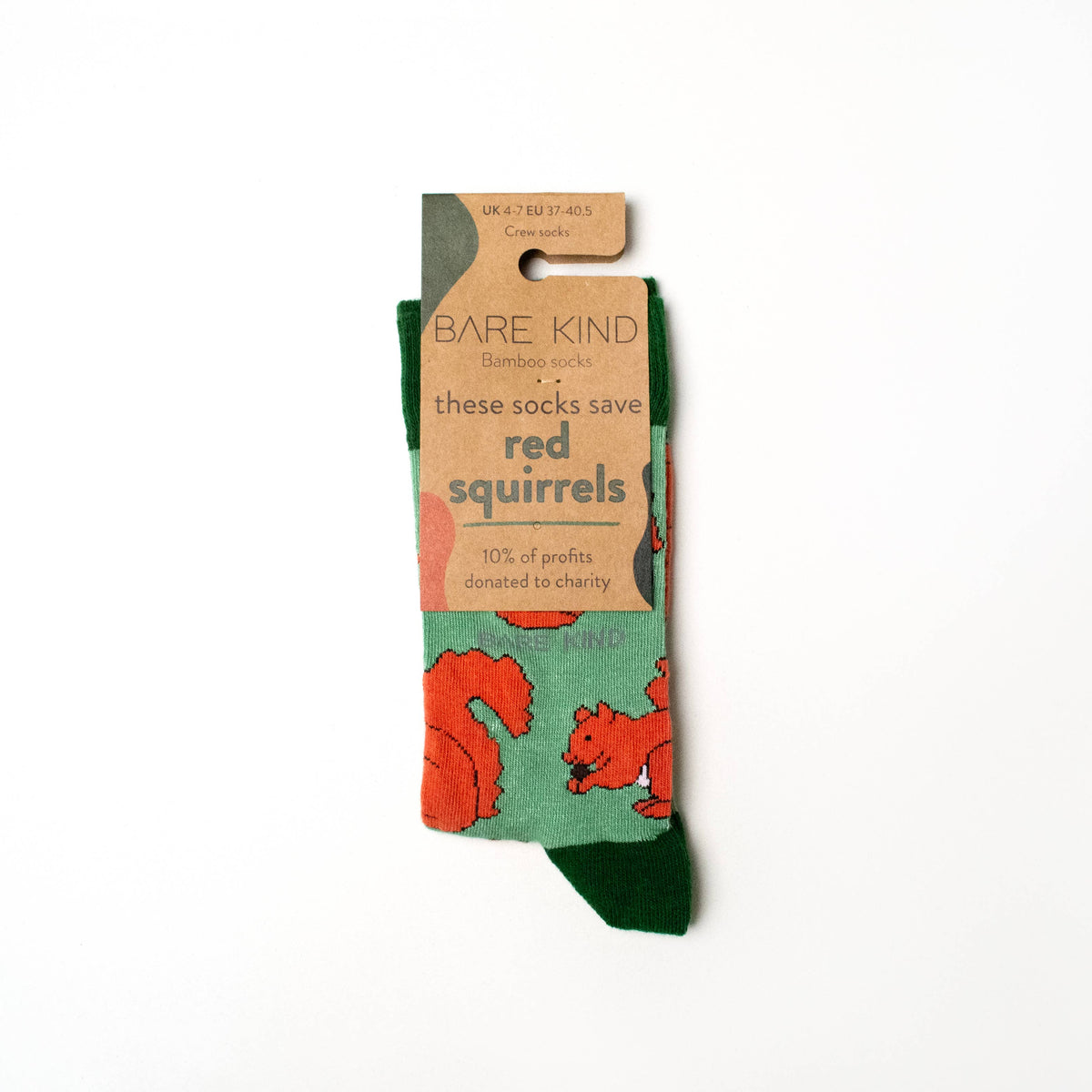 Bare Kind Adult Bamboo Socks - Light Green & Red Squirrel - Adult 7-11