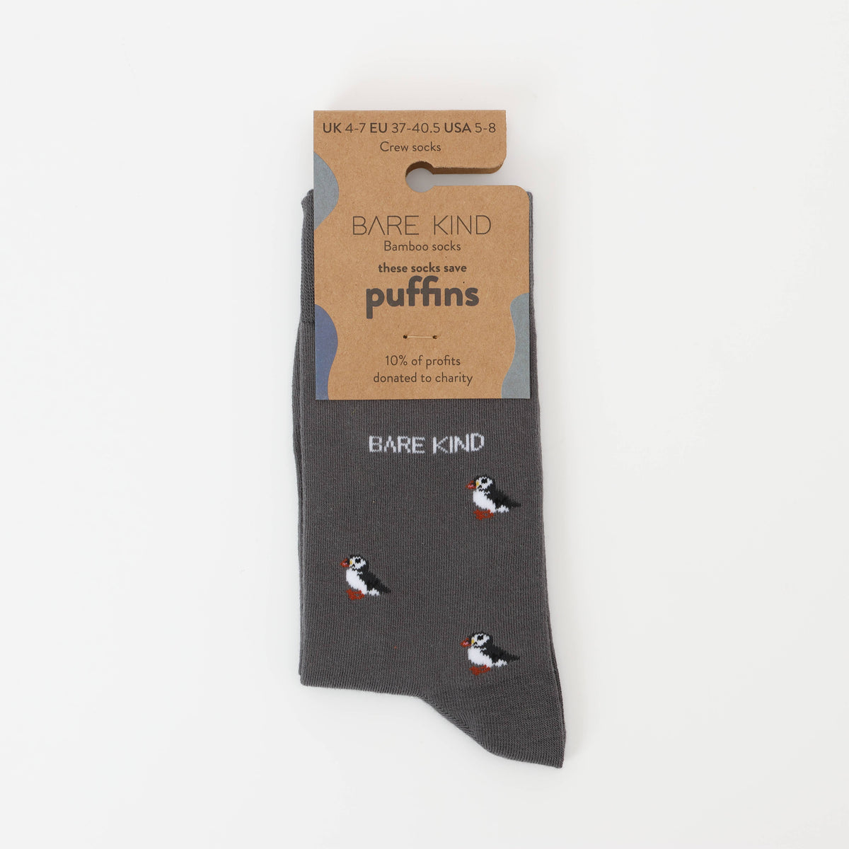 Bare Kind Adult Bamboo Socks - Grey Small Motif Puffin - Adult 4-7
