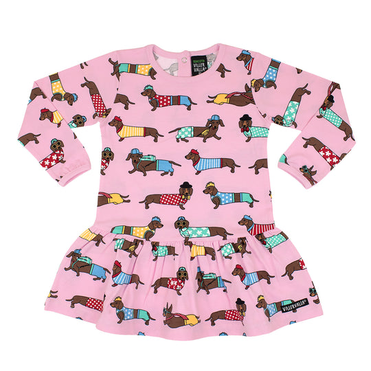 Villervalla Dress With Dropped Skirt Long Sleeve - Dachshund Sausage Dog Raspberry