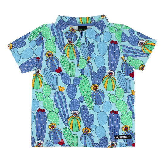 Villervalla T-Shirt Cactus Print With Collar - Lgt Bay