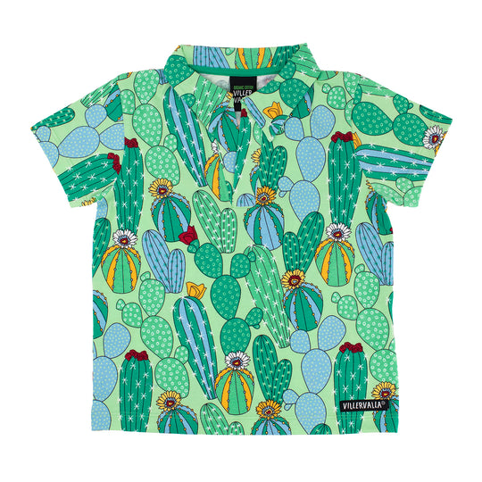 Villervalla T-Shirt Cactus Print With Collar - Lgt Fern