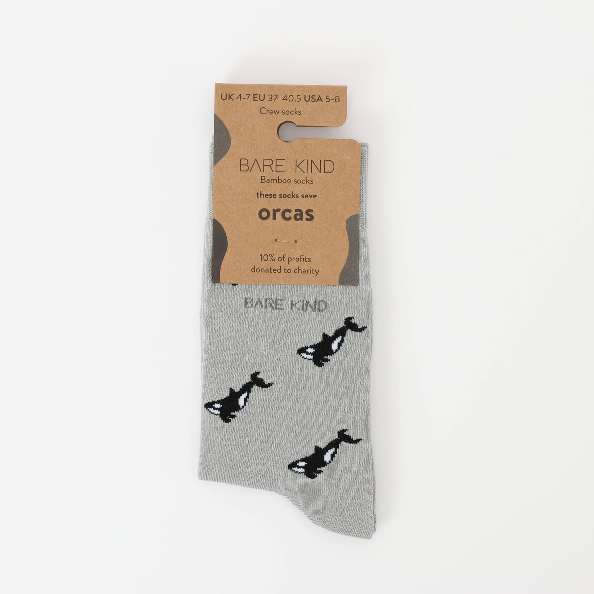 Bare Kind Adult Bamboo Socks - Grey Small Motif Orca - Adult 4-7