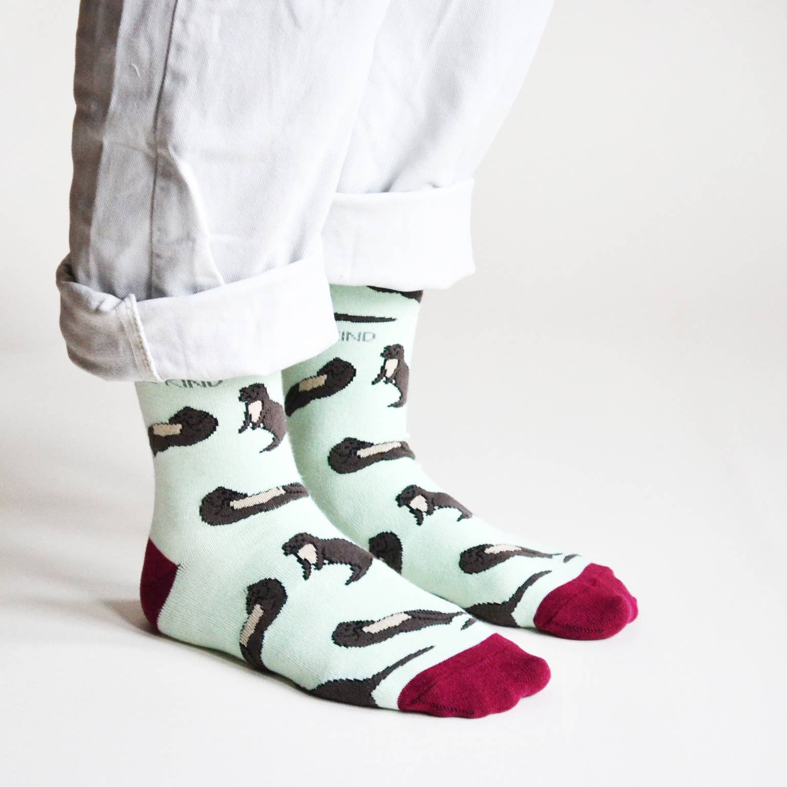 Pastel Green Socks: Otters / Single Pair / UK Adult 7-11