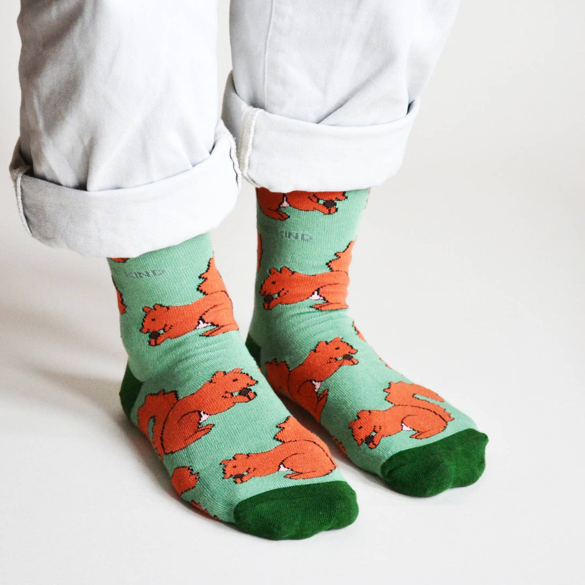 Bare Kind Adult Bamboo Socks - Light Green & Red Squirrel - Adult 7-11