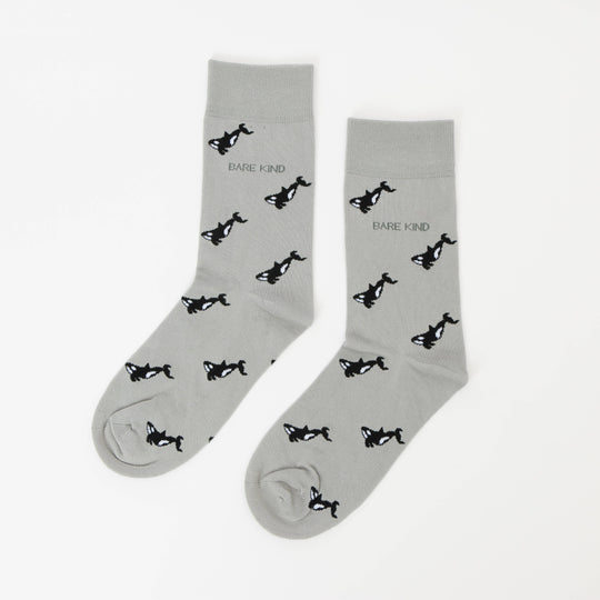 Bare Kind Adult Bamboo Socks - Grey Small Motif Orca - Adult 4-7