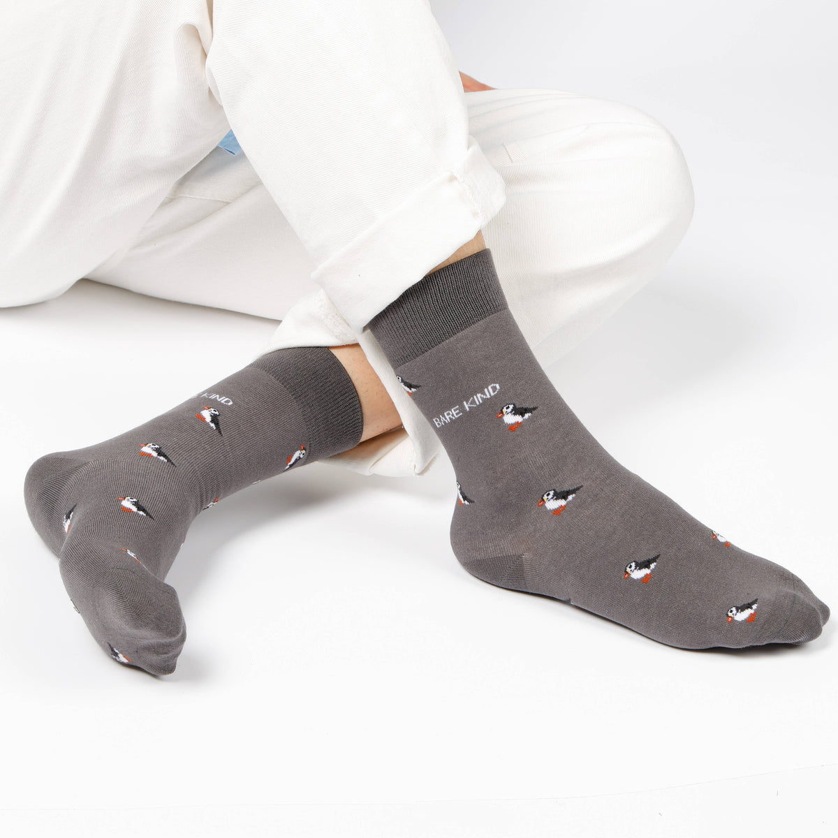 Bare Kind Adult Bamboo Socks - Grey Small Motif Puffin - Adult 4-7