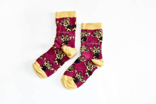 Bare Kind Giraffes Socks | Kids Bamboo Socks | Burgandy Socks: Giraffes / Single Pair / Age 3-5yrs | UK Size Kids 6-9