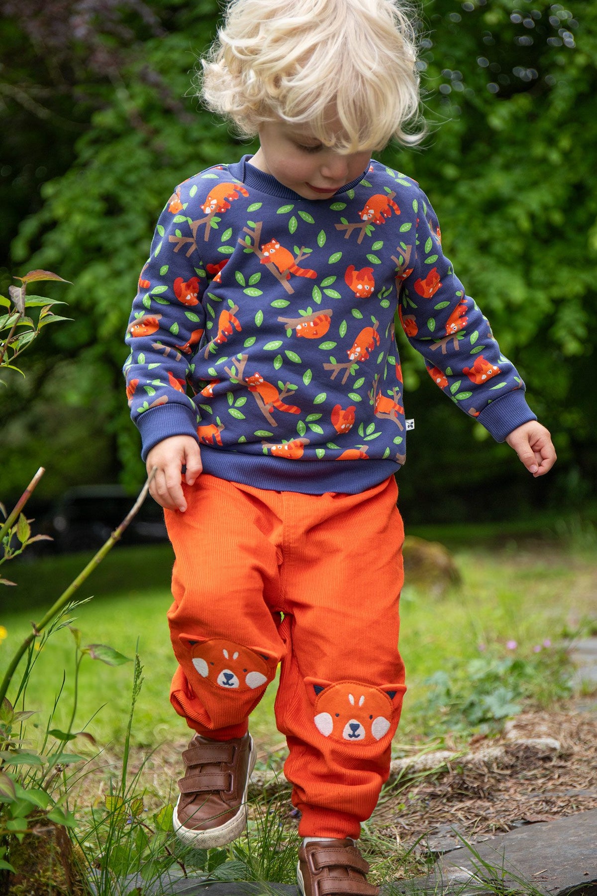 Frugi Easy On Printed Jumper Red Panda Pals - Navy Applique