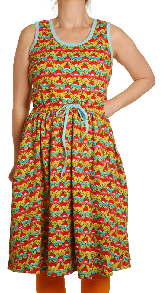 DUNS Sweden Adult Sleeveless Gathered Dress Radish Mini Stripe