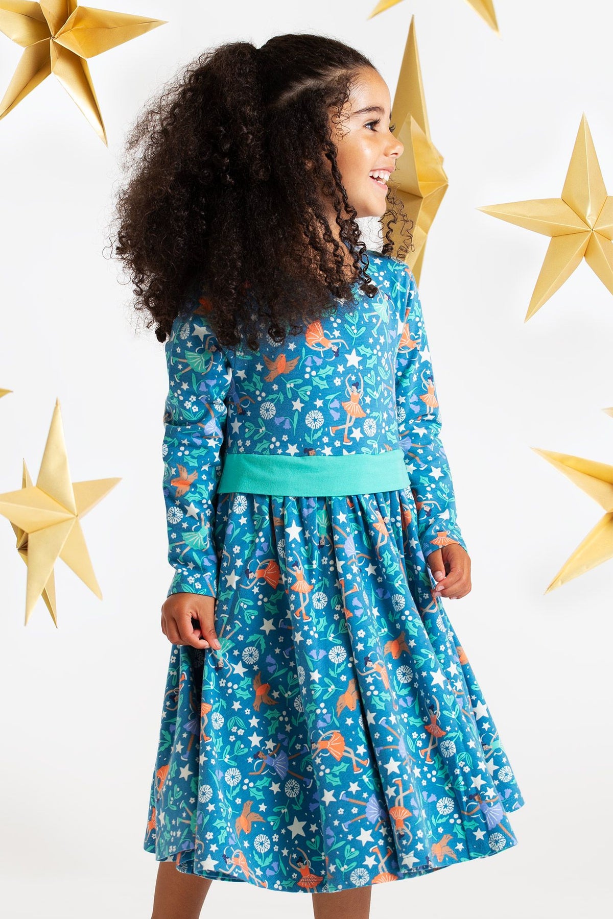 Frugi Party Skater Dress Long Sleeve - Enchanted Forest Blue
