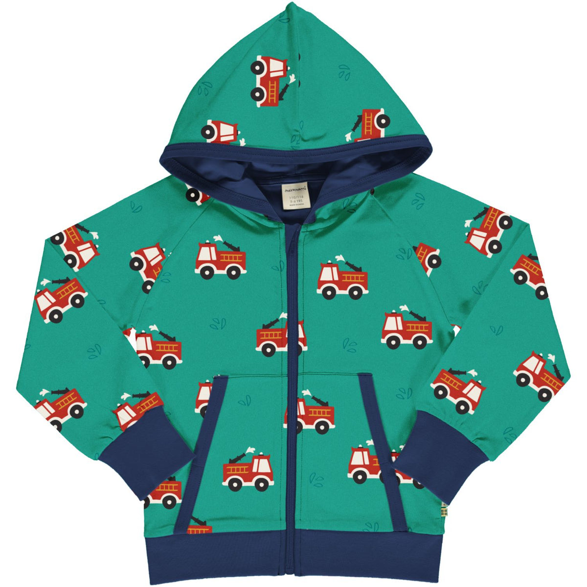 Maxomorra Hooded Top Zipper Lined Long Sleeve - Fire Truck Green