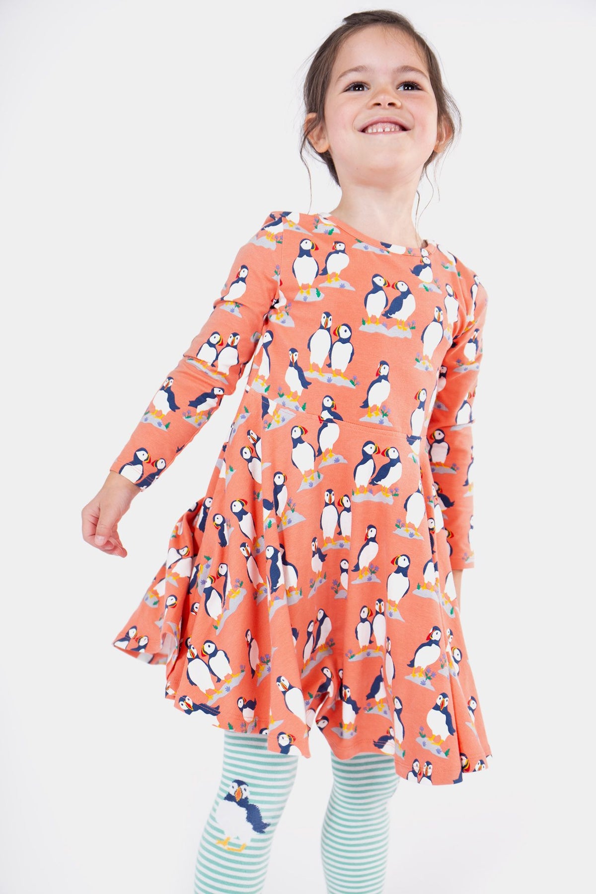 Frugi Sofia Skater Dress Long Sleeve - Puffin Pals Pink
