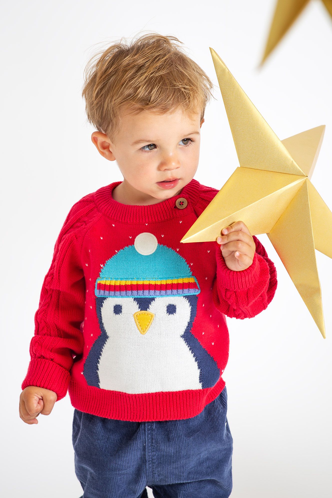 Frugi Caleb Character Knit Jumper Penguin - True Red