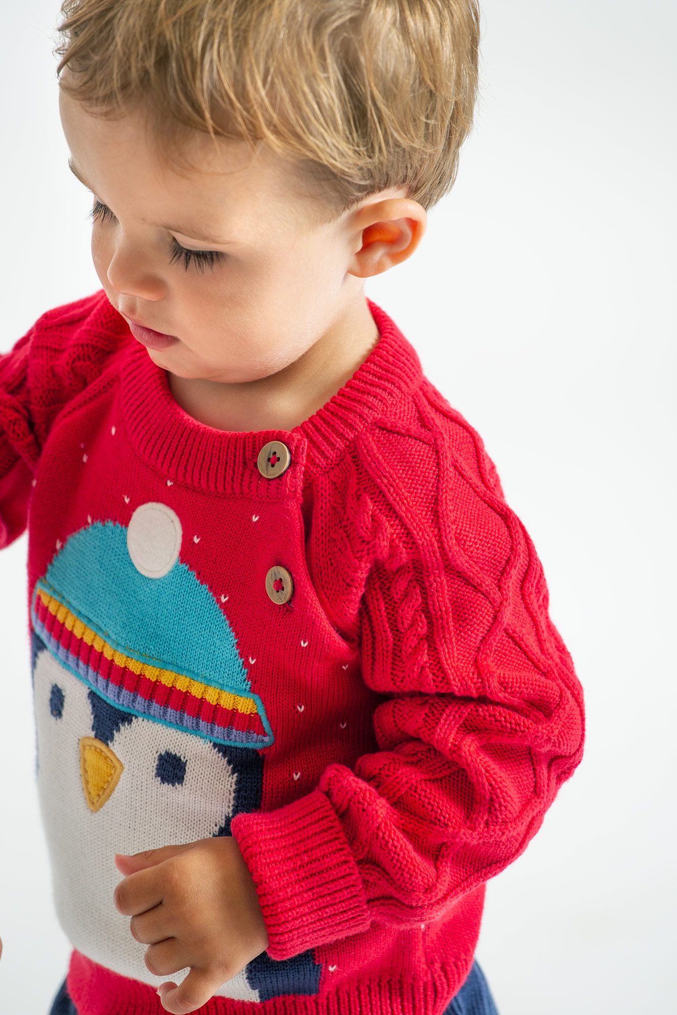 Frugi Caleb Character Knit Jumper Penguin - True Red