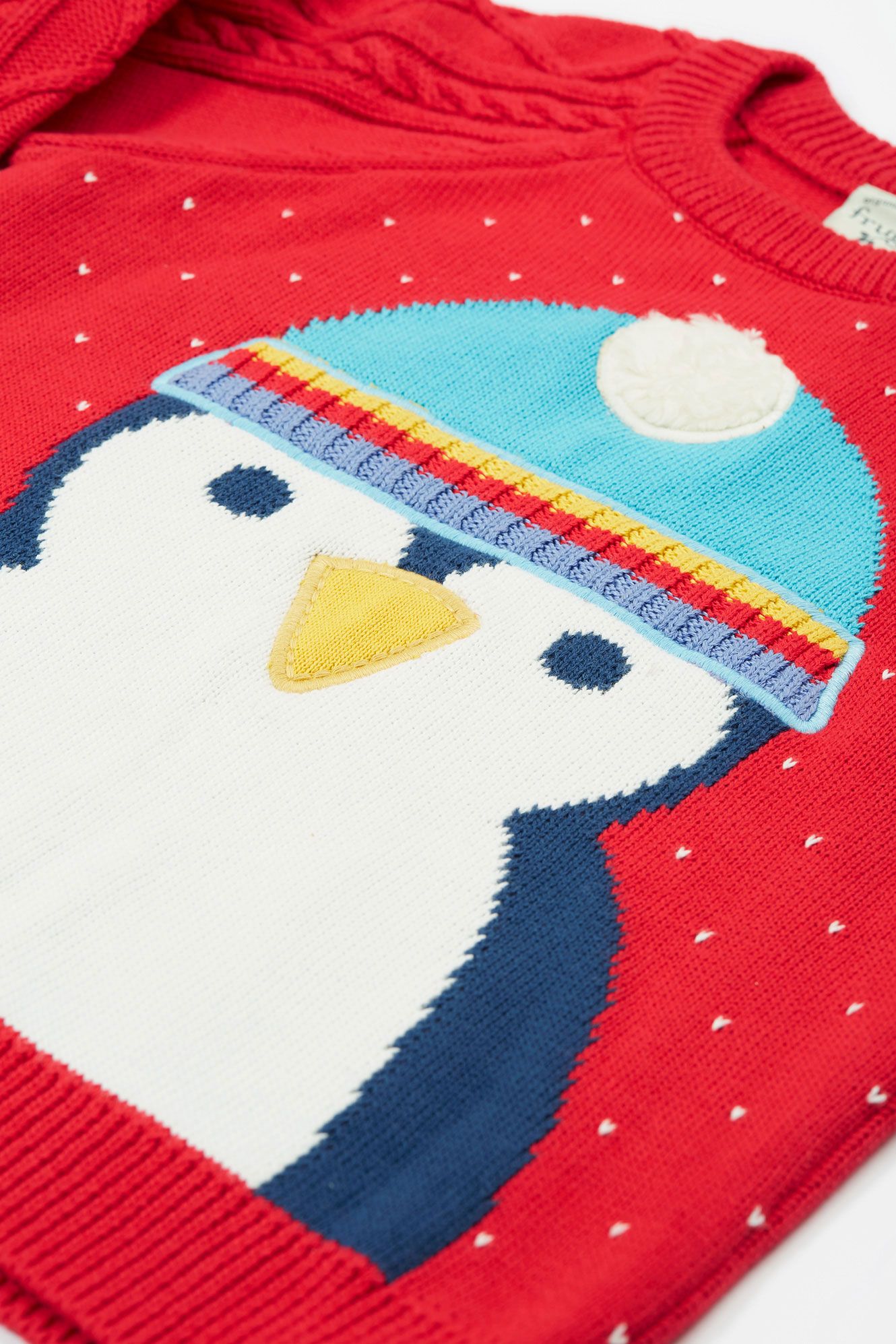 Frugi Caleb Character Knit Jumper Penguin - True Red