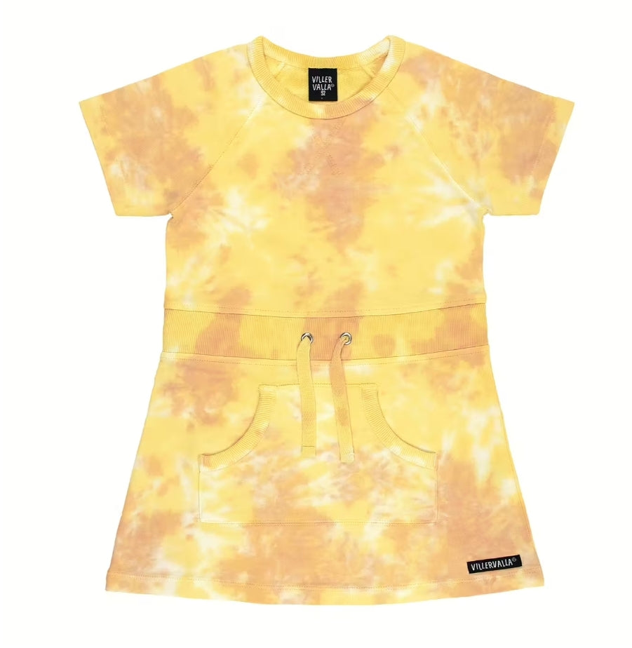 Villervalla Dress With Drawstring Short Sleeve - Tie Dye Manderin/Lemon