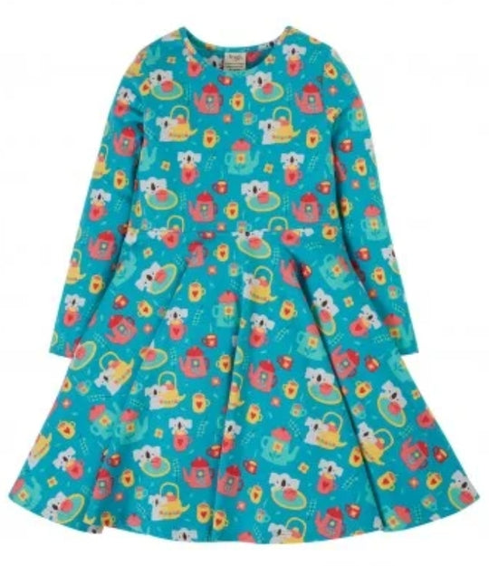 Frugi Sofia Skater Dress Long Sleeve - Camper Blue Koala Tea Time