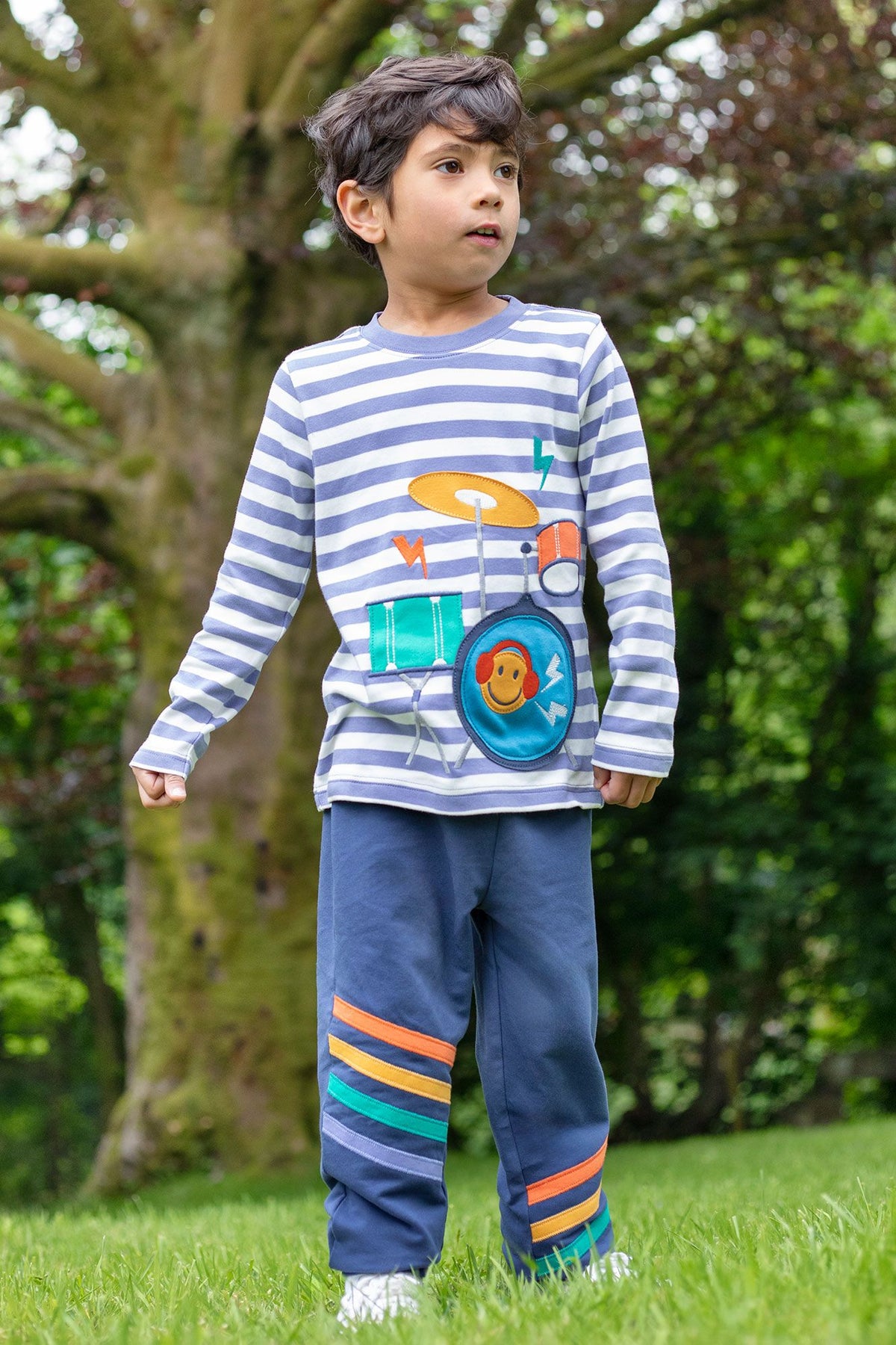 Frugi Discovery Top Grape Stripe/Drums - Purple Applique