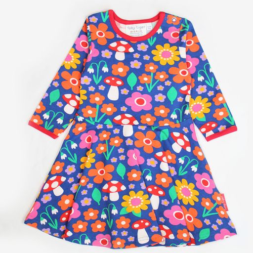 Toby Tiger Organic Skater Dress Long Sleeve - Floral Mushroom
