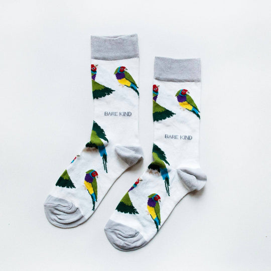 Bare Kind Finch Socks | Bamboo Socks | White Socks | Australian Socks: Gouldian Finches / Single Pair / UK Adult 7-11