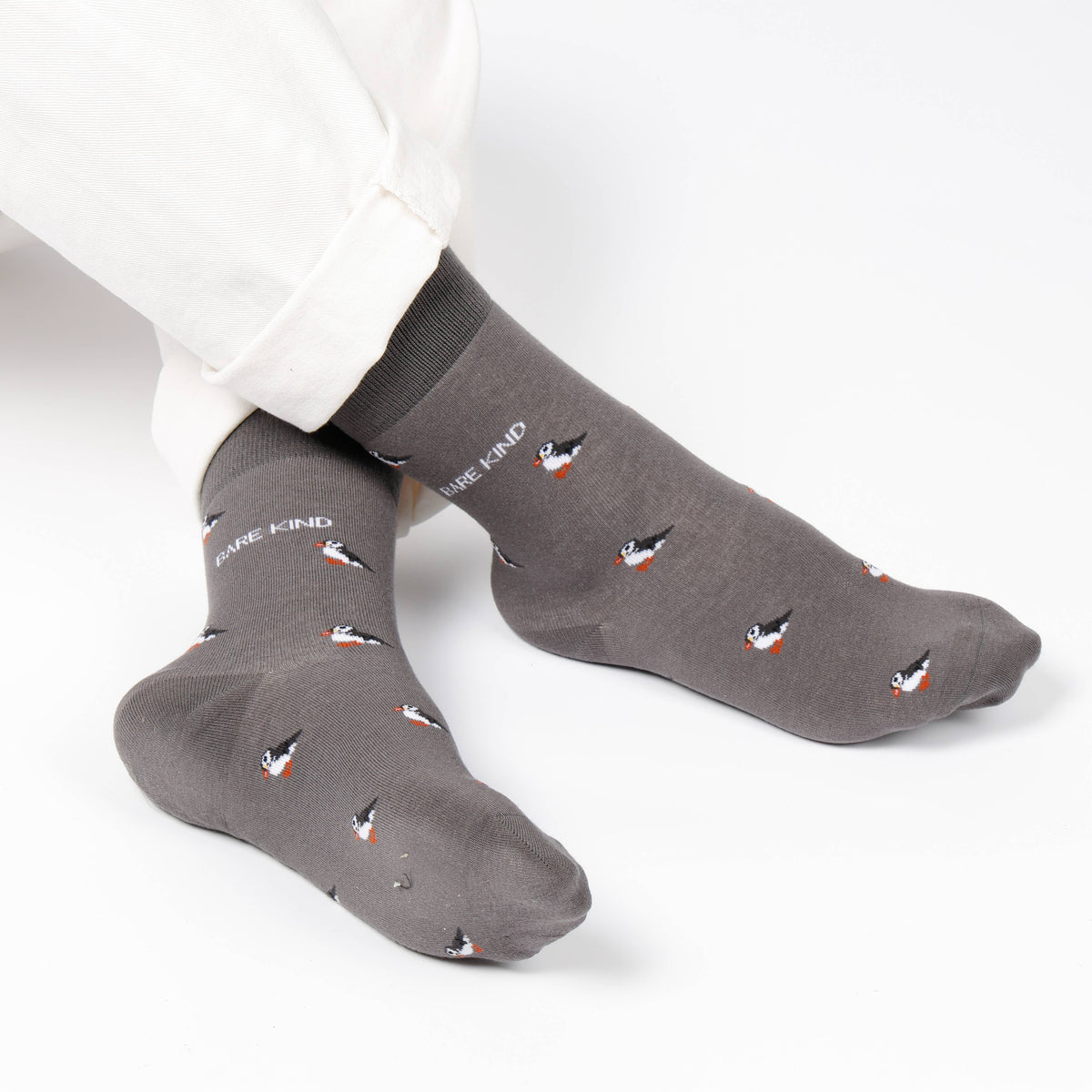 Bare Kind Adult Bamboo Socks - Grey Small Motif Puffin - Adult 4-7