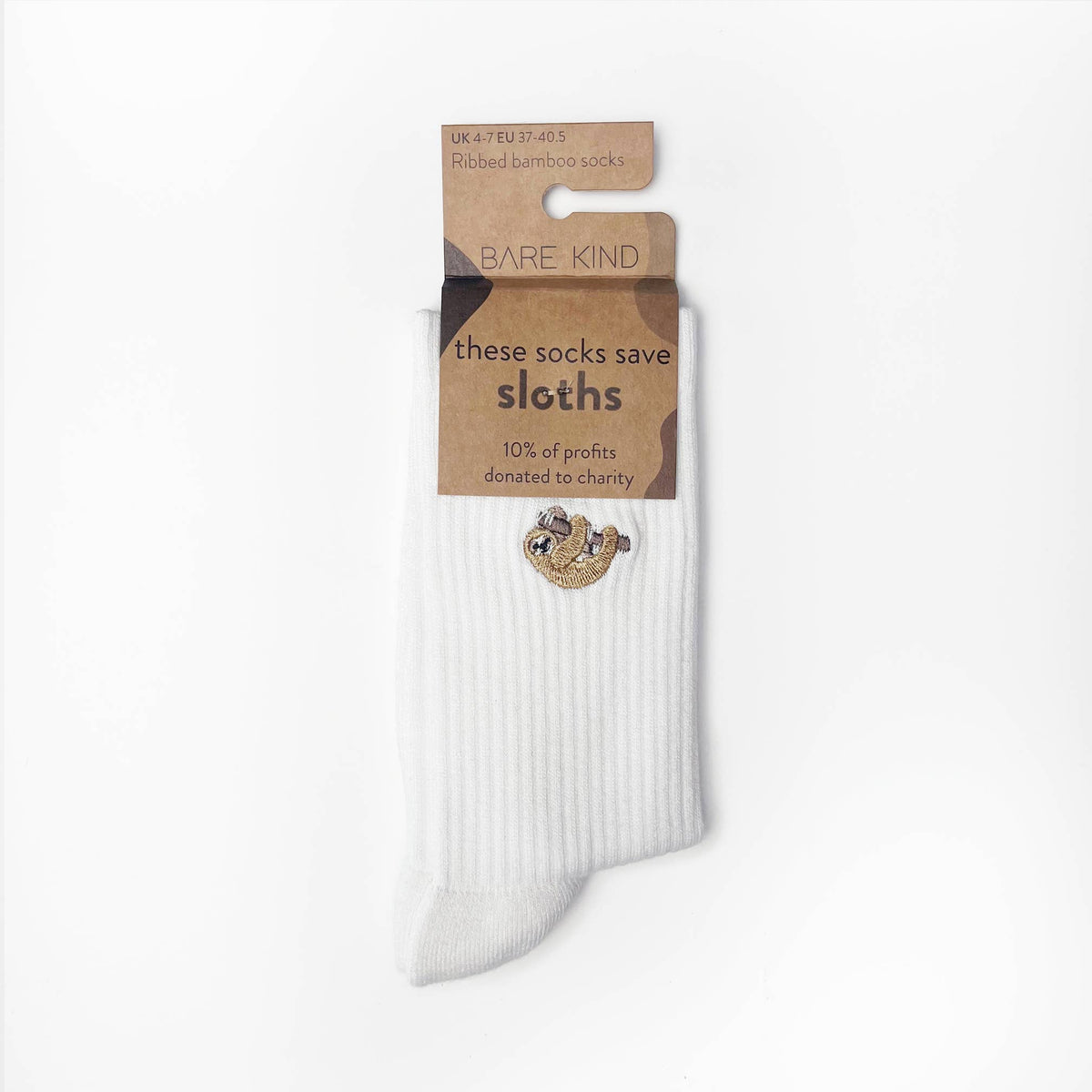 Bare Kind Adult Bamboo Ribbed Socks - White Sloth - Adult 7-11