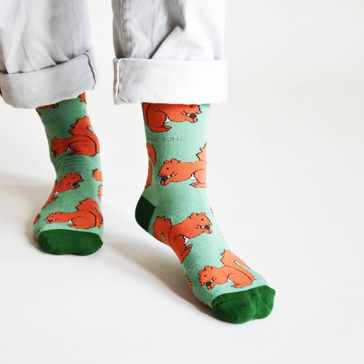 Bare Kind Adult Bamboo Socks - Light Green & Red Squirrel - Adult 7-11