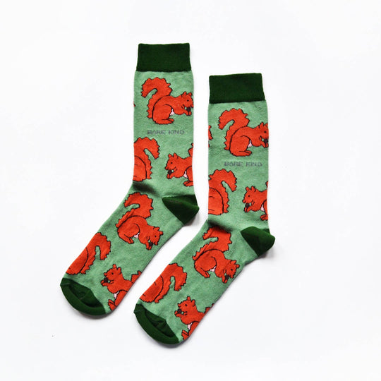 Bare Kind Red Squirrel Socks | Bamboo Socks | Light Green Socks: Red Squirrels / Single Pair / UK Adult 7-11