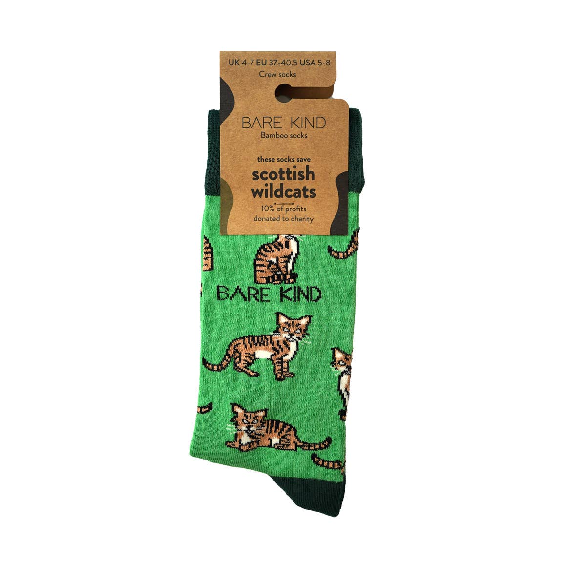 Bare Kind Adult Bamboo Socks - Green Wild Cat - Adult 4-7