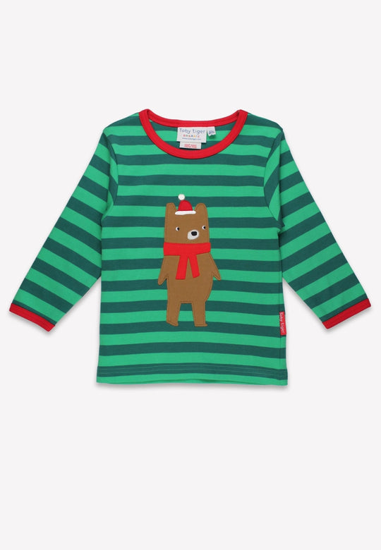 Toby Tiger Organic T-Shirt Long Sleeve - Christmas Bear Green Applique