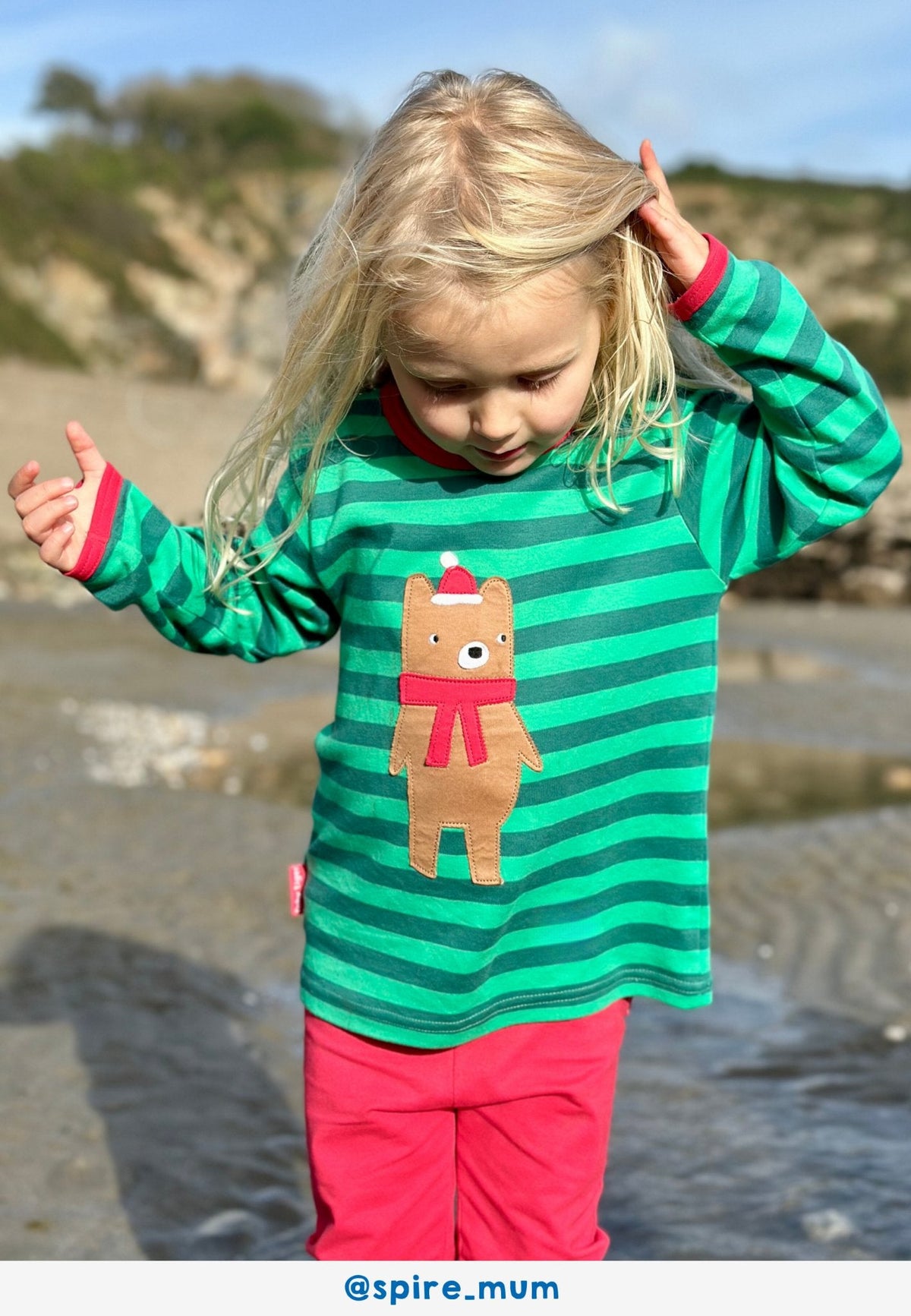 Toby Tiger Organic T-Shirt Long Sleeve - Christmas Bear Green Applique