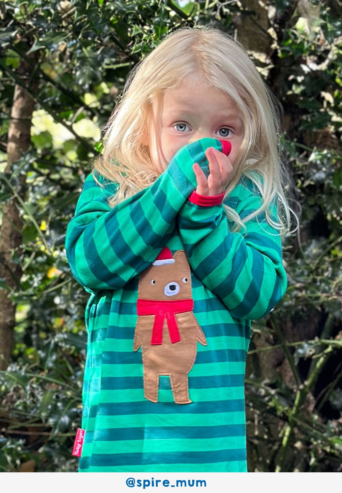 Toby Tiger Organic T-Shirt Long Sleeve - Christmas Bear Green Applique