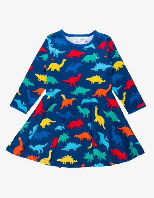 Toby Tiger Organic Skater Dress Long Sleeve - Rainbow Dinosaur