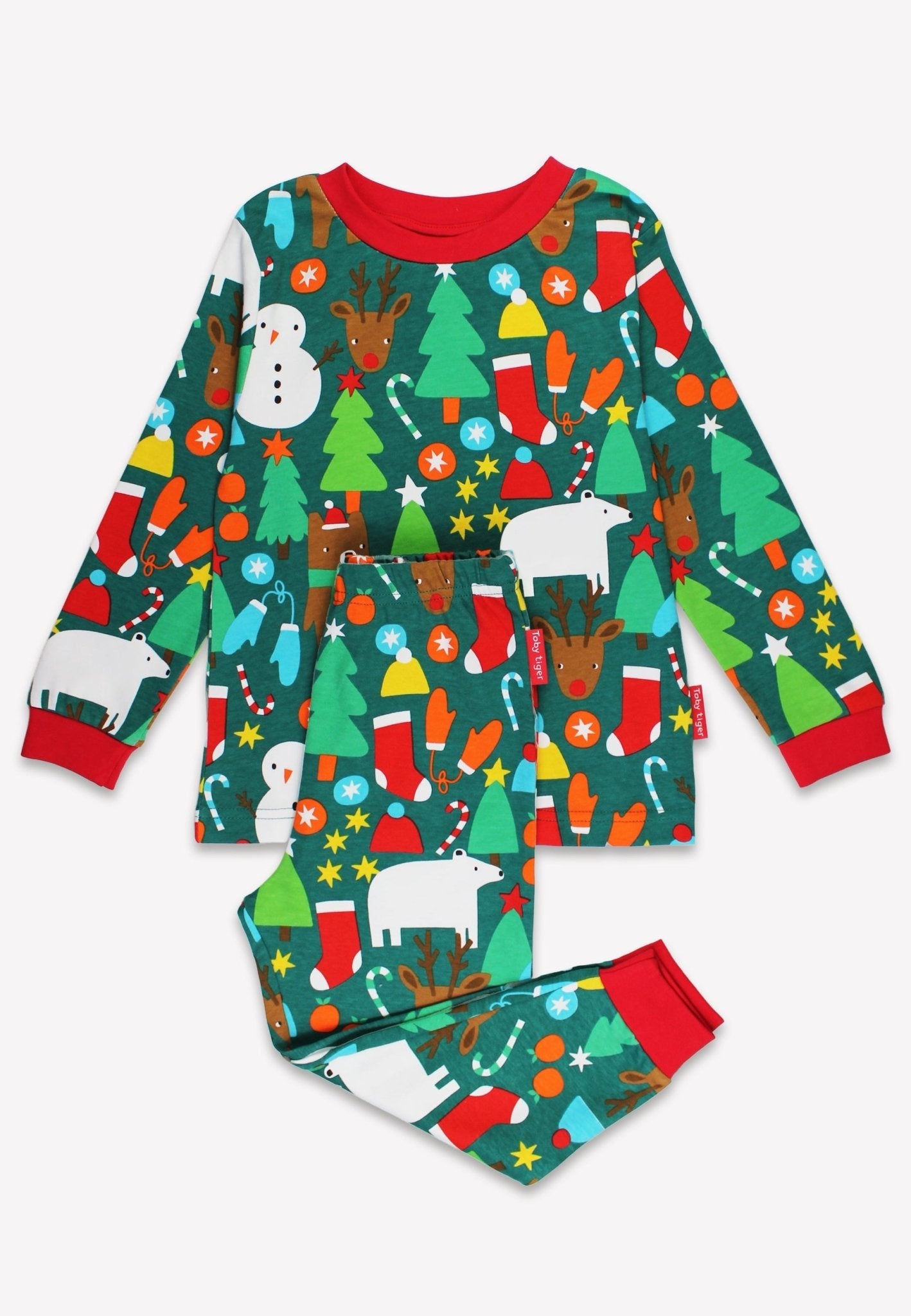 Toby Tiger Organic Christmas Bear Print Pyjamas - Green