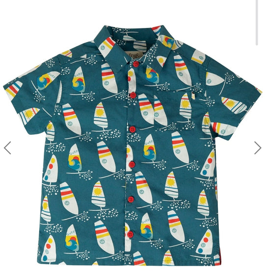 Frugi Adult Harvey Hawaiian Shirt Short Sleeve - Steely Blue Ride The Waves