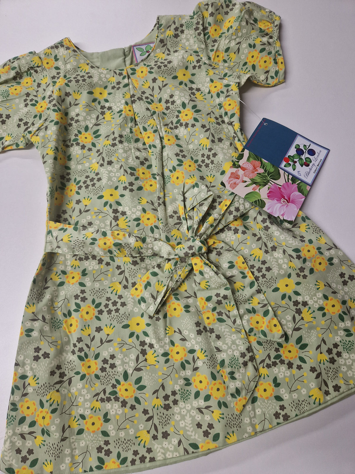 Blueberry London Tunic Dress Short Sleeve - Green With Yellow Flowers