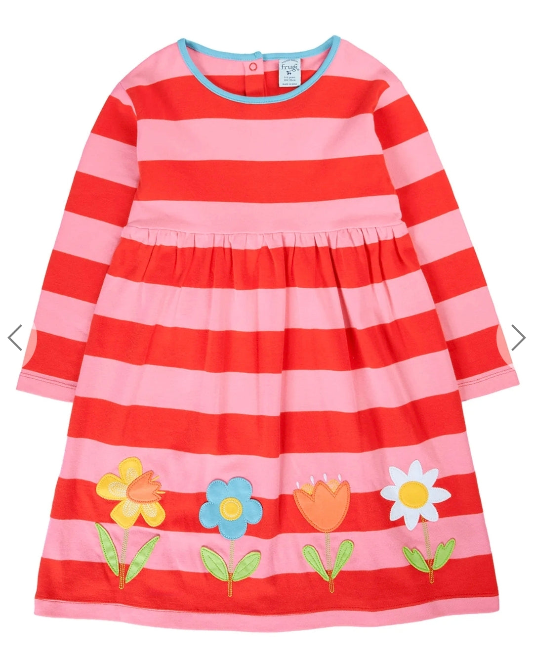 Frugi Amelia Dress - Papaya Stripe/Bloom Applique