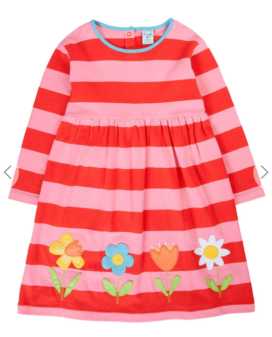 Frugi Amelia Applique Dress - Papaya Stripe/Bloom