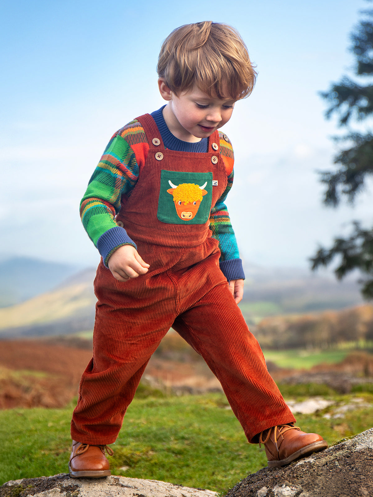 Frugi Sebby Cord Dungaree - Rust/Highland Cow