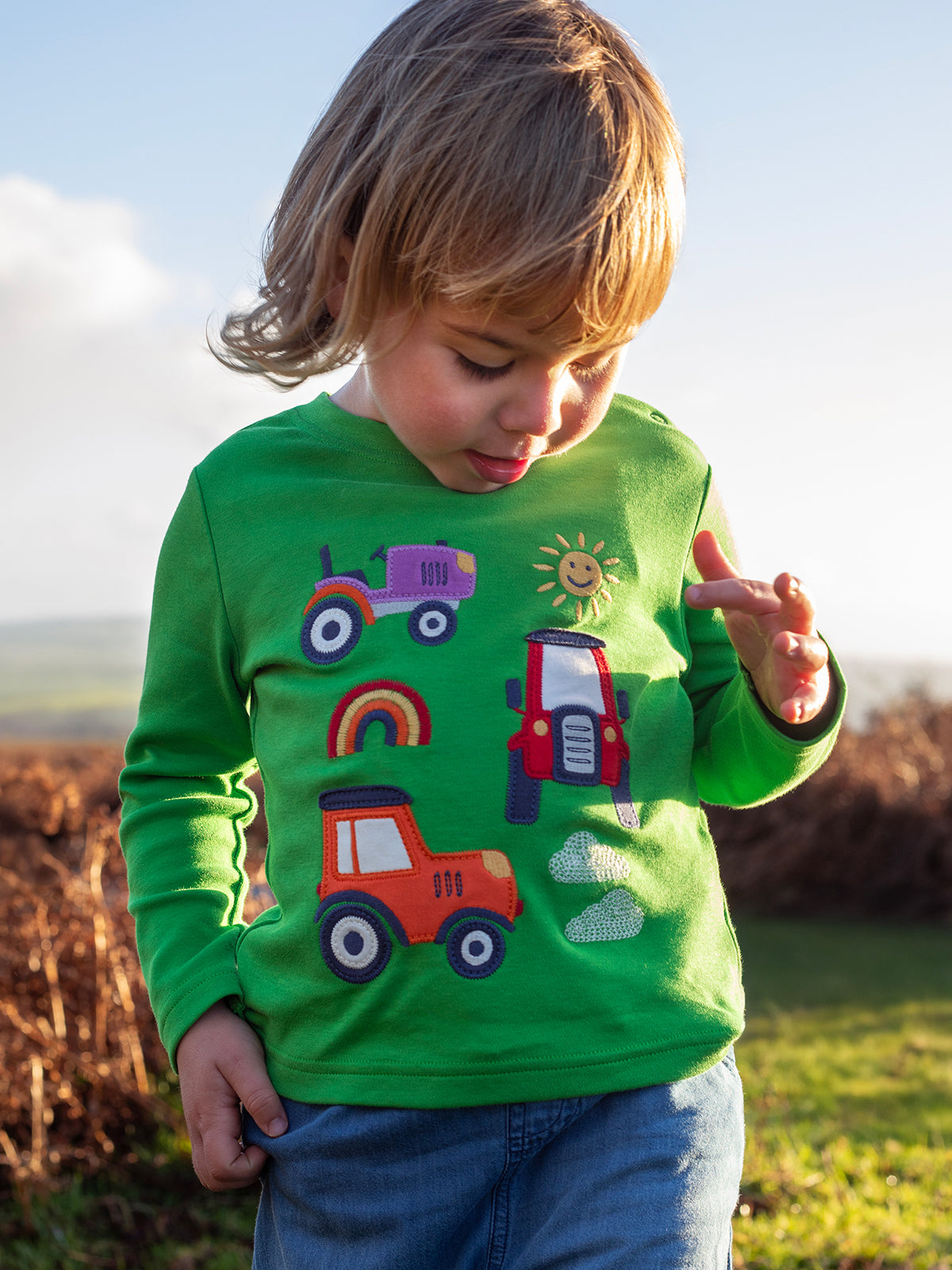 Frugi Adventure Applique Top - Palm/Tractor