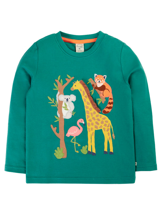 Frugi Adventure Applique Top - Hut Green/Animals