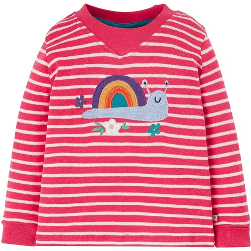 Frugi Tori Top Long Sleeve - Watermelon Stripe/Snail Applique