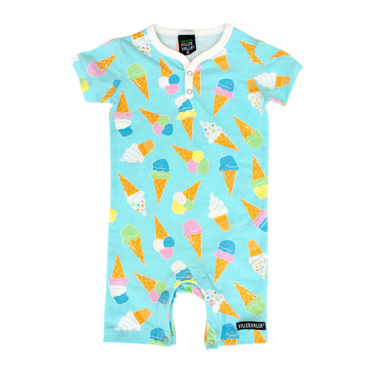 Villervalla Shortie Romper - Ice Cream Print - Light Aqua