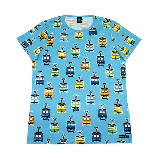 Villervalla Adult T-Shirt Short Sleeve Tram Print - Aqua