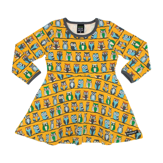 Villervalla Owl Print Half Circle Dress Long Sleeve - Saffron