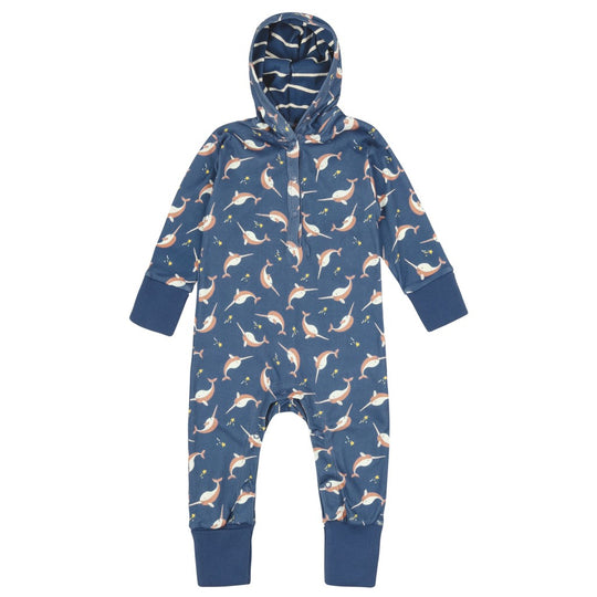 Piccalilly Hooded Playsuit Long Sleeve - Narwhals